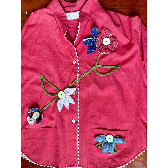 Vintage 70’s Little House Creation Red White Appliqué Whimsy Blouse Large Hippie - Picture 3 of 6